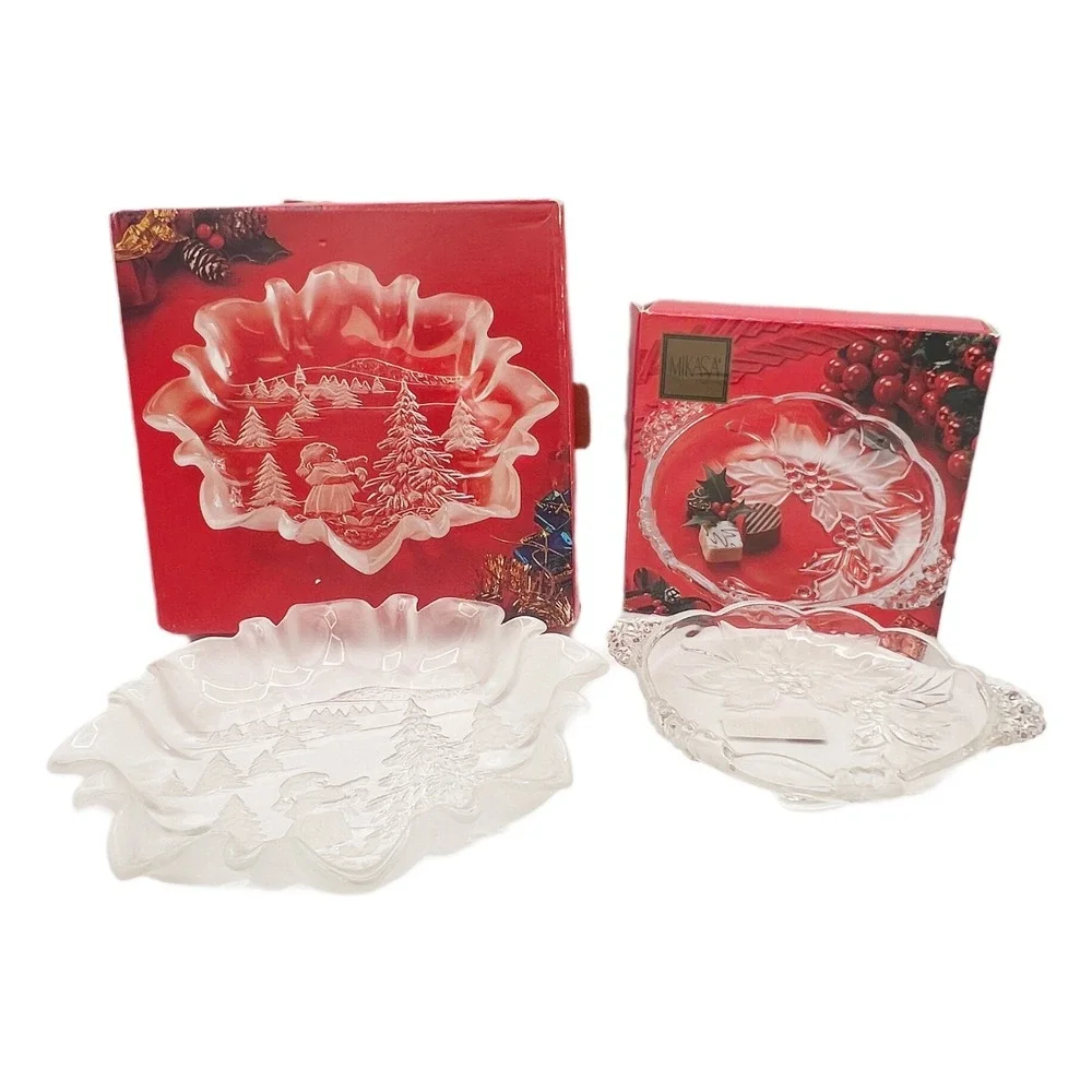2 Mikasa German‎ Christmas Crystal Dishes Christmas Story & Bloom Candy Sweets